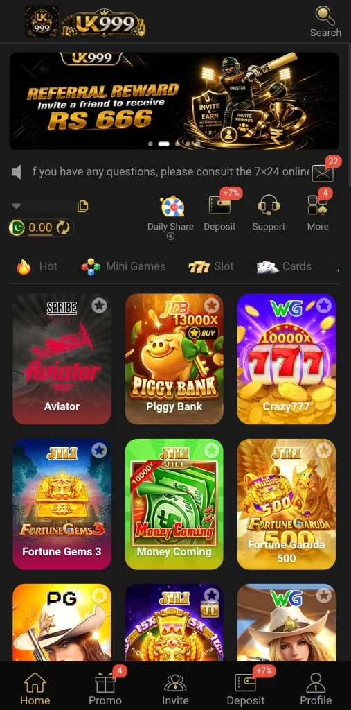 UK999 Game home screen after login with a Rs 0.00 balance and a +7% Deposit button