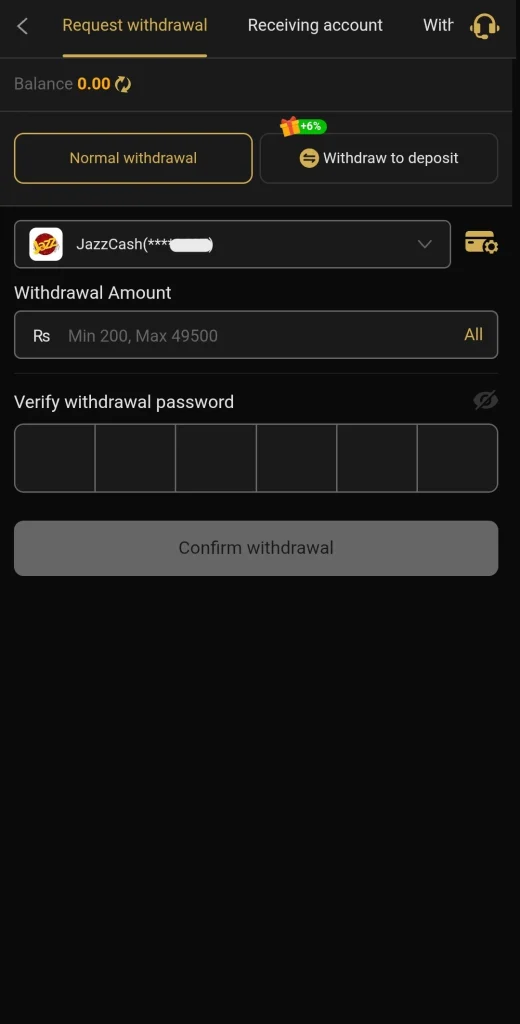 Withdrawal screen with a JazzCash account and a Min 200 to Max 49500 amount field