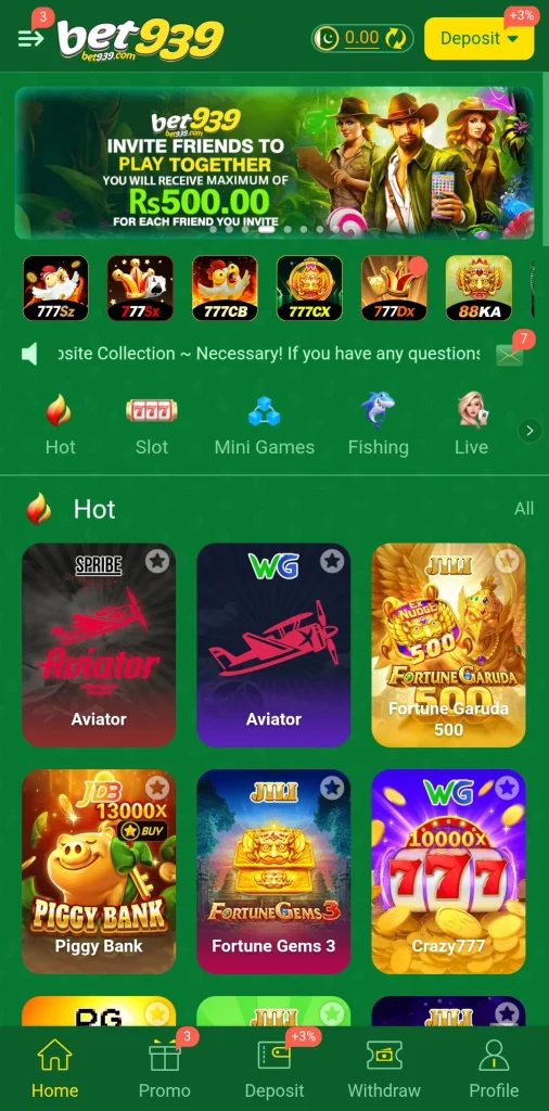 BET 939 home after login with a 0.00 balance, a +3% Deposit button and Aviator tiles