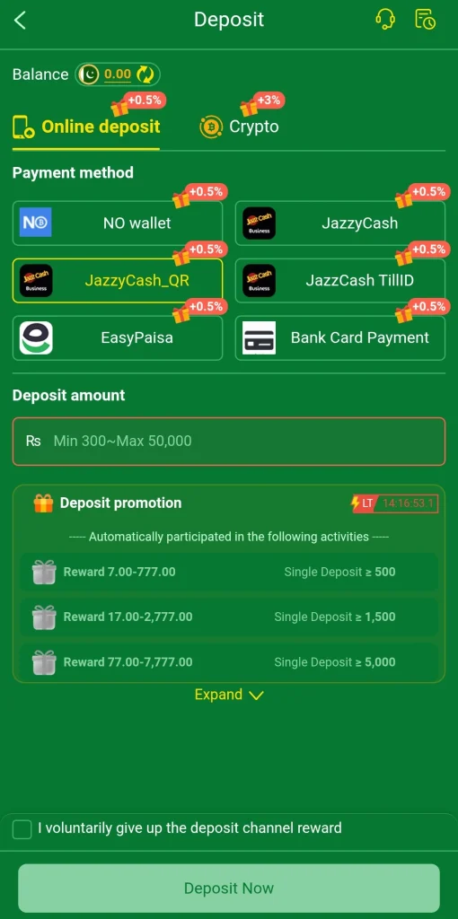 BET939 Deposit page with JazzCash, Easypaisa and bank card channels and a Min 300 to Max 50,000 field