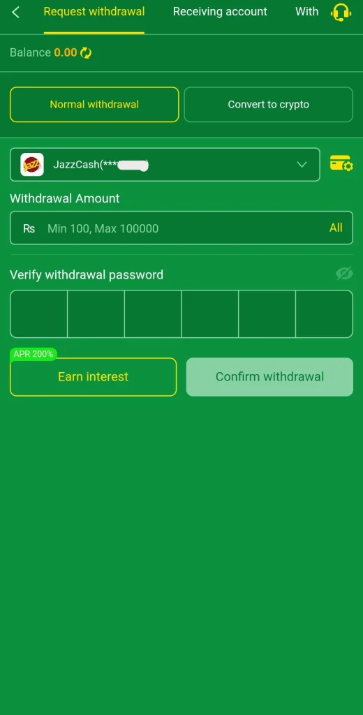 BET939 Withdrawal page with a JazzCash account and a Min 100 to Max 100000 amount field