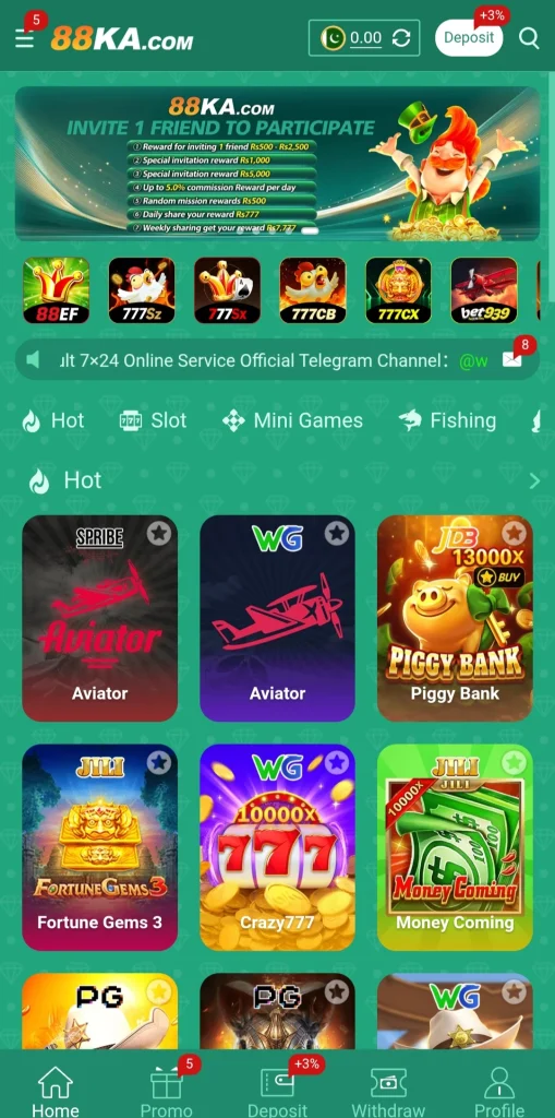 88KA Game home screen with Hot games, Aviator and a Deposit button