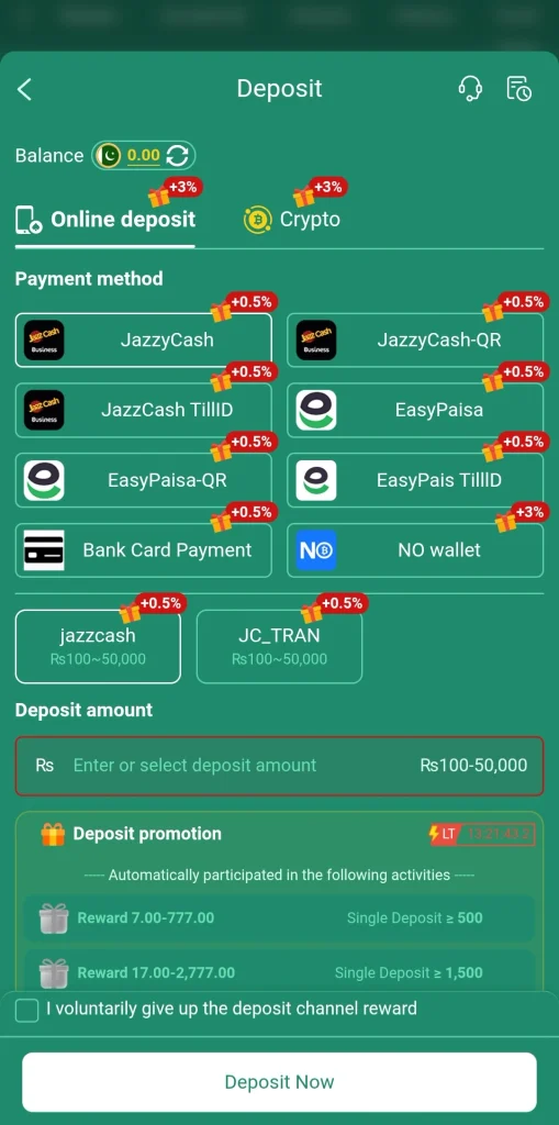 88KA Deposit page with JazzCash, EasyPaisa and bank card options