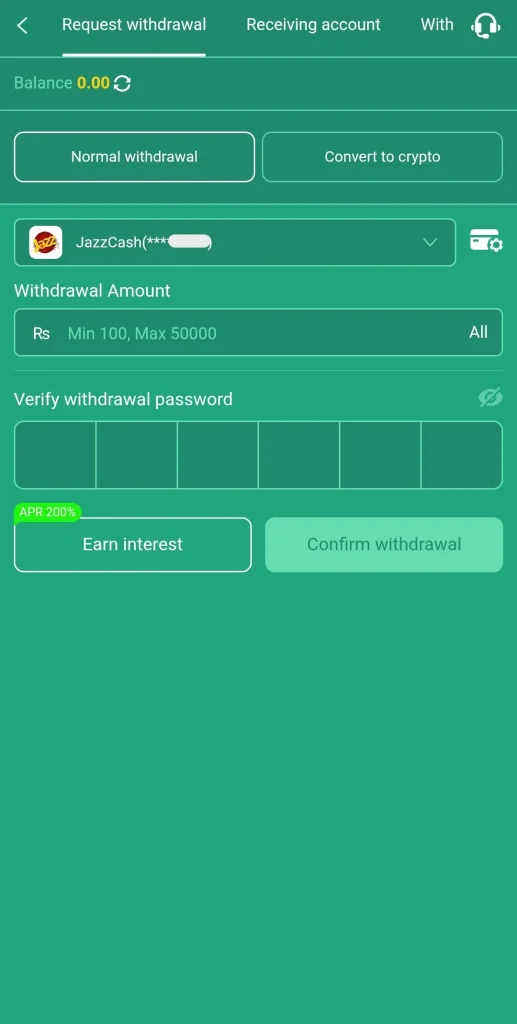 88KA withdraw page with amount field and withdrawal password