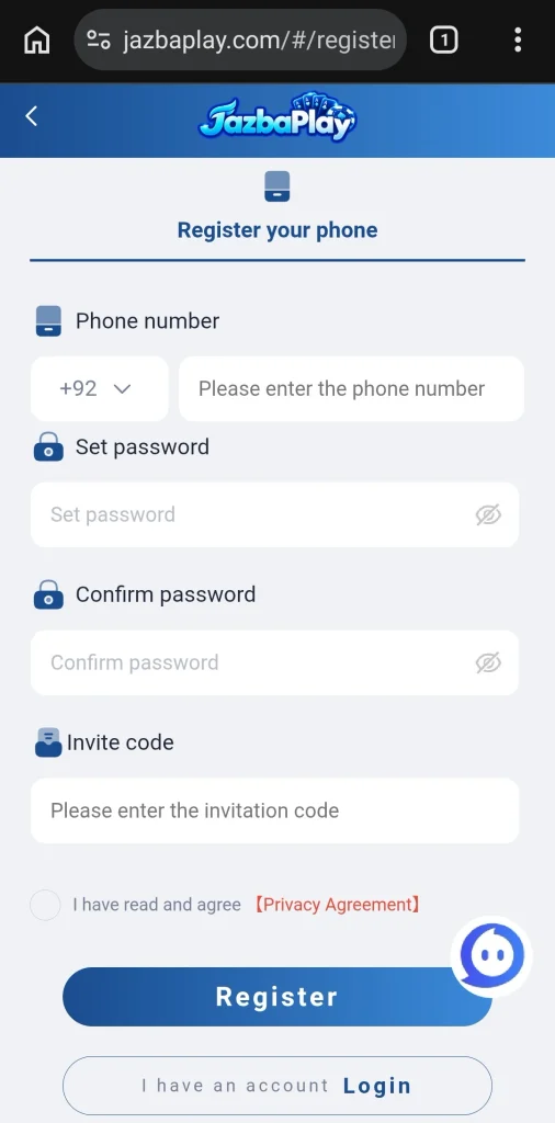 JazbaPlay.com registration form with phone number, password and invite code