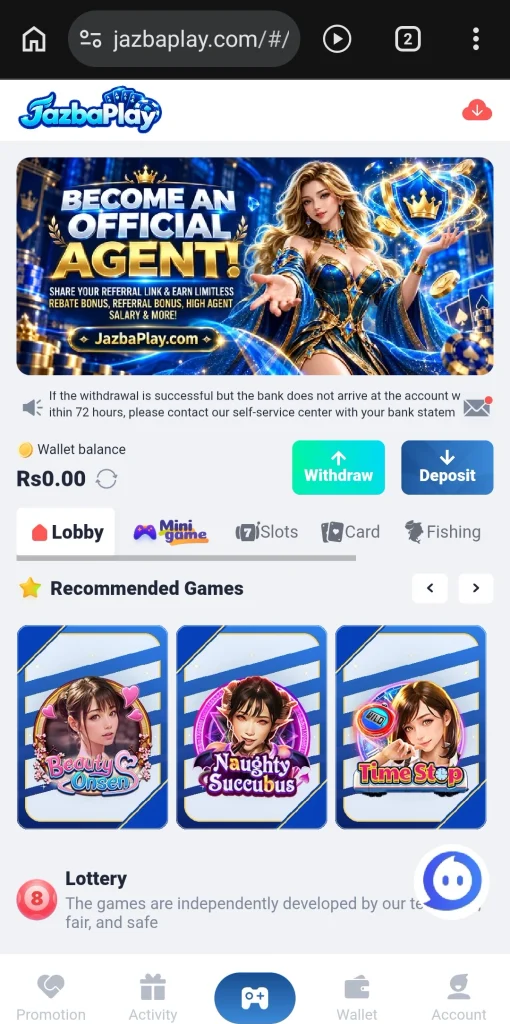 Jazba Play lobby with recommended games and WinGo, K3 and 5D lottery tiles