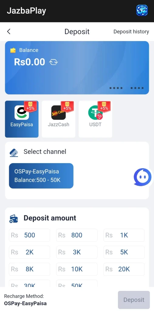 Jazba Play deposit page with EasyPaisa, JazzCash and USDT methods