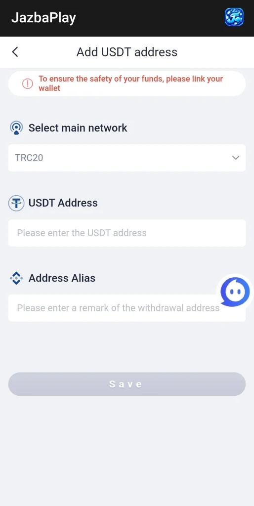 Jazba Play add USDT address page with TRC20 network selected
