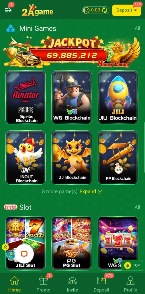 2A Game mini games and slot sections with studio lobby tiles