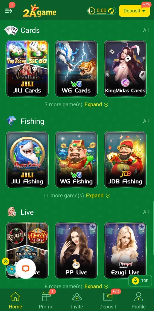 2A Game cards, fishing and live game sections in the lobby