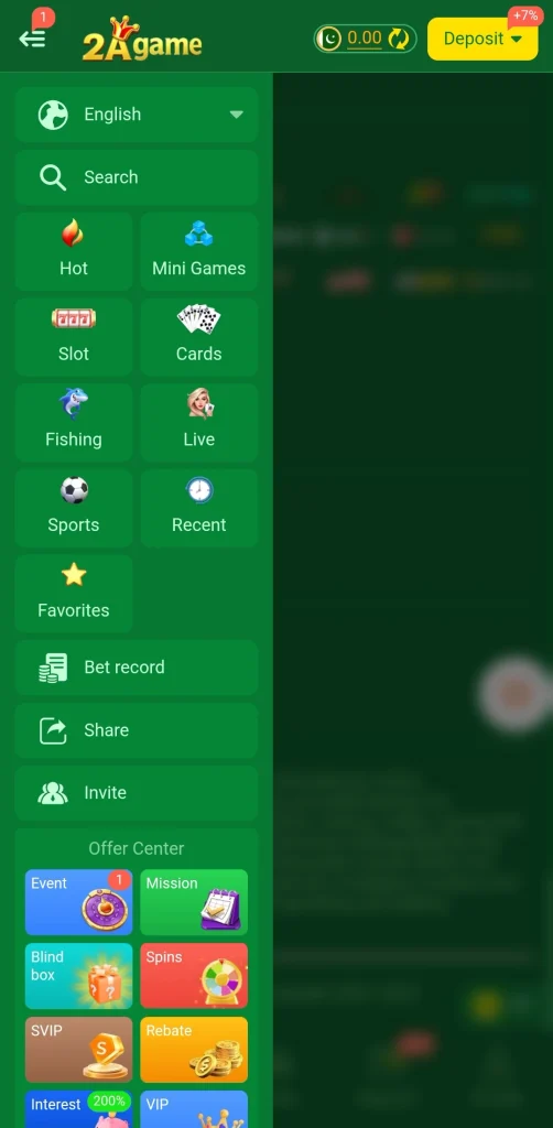 2A Game side menu with game categories and Offer Center